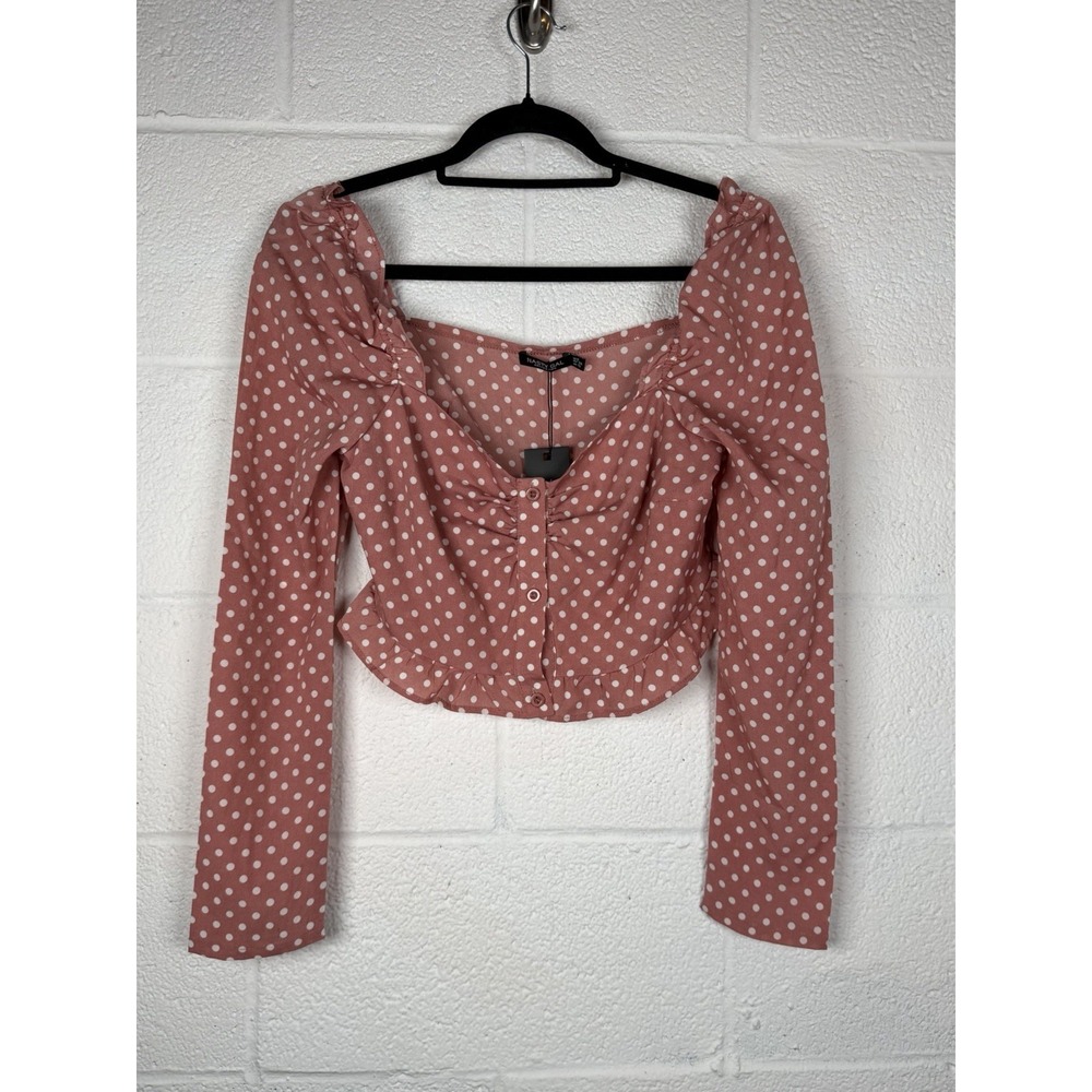 NWT Nasty Gal Pink Polka Dot Crop Top Puff Sleeve Coquette Size 6